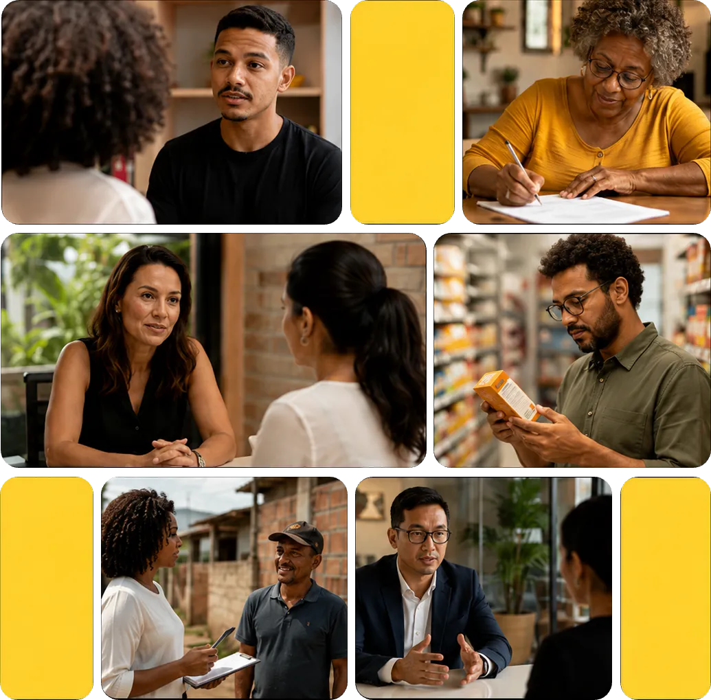Pesquisadores da Bossa em conversas com participantes: entrevistas, testes de produto e pesquisas em campo