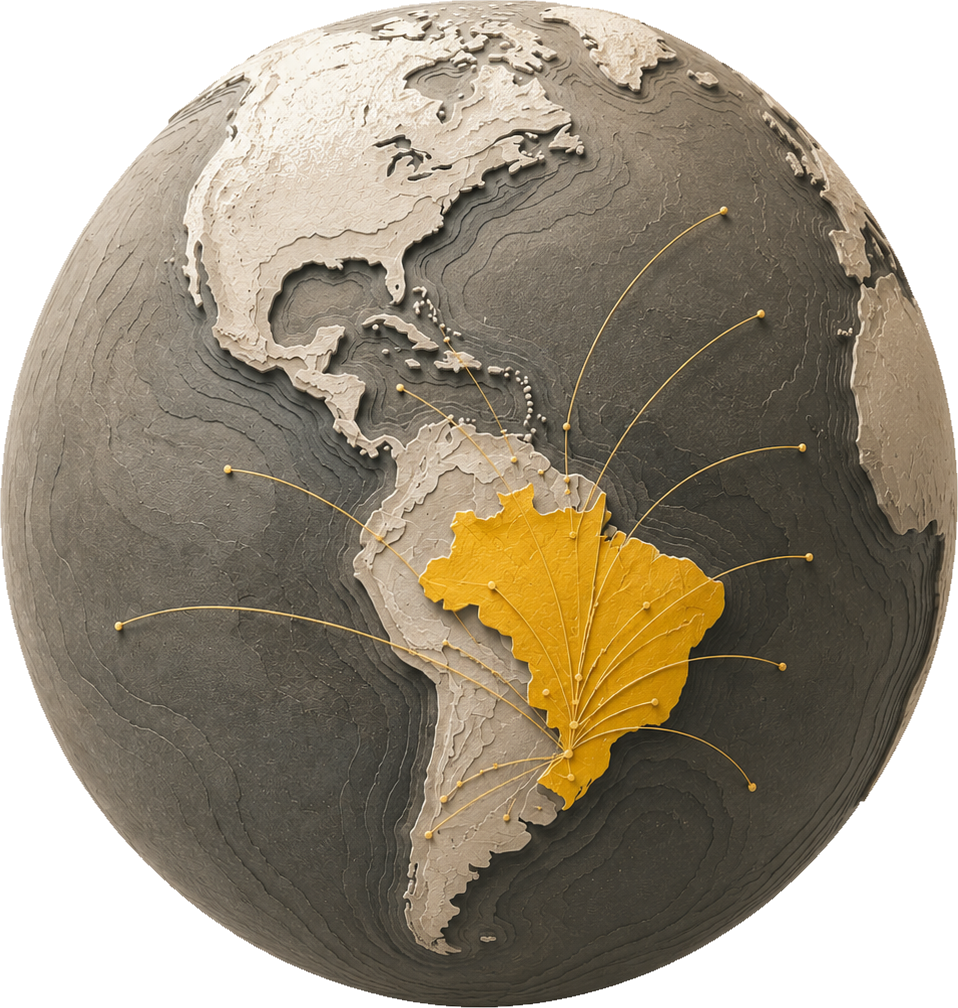 Globo terrestre com o Brasil em destaque e conexões partindo do país